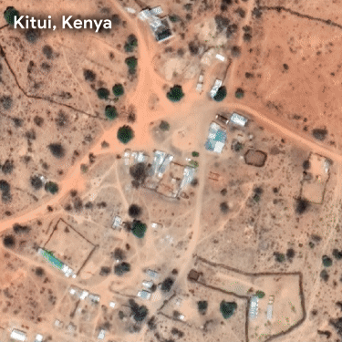 A satellite view of Kitui, Kenya, with building footprints from Open Buildings v1 and v2.