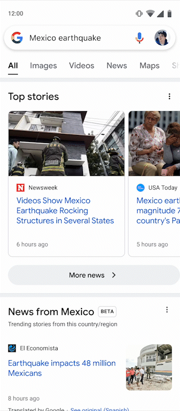 This GIF shows an example of different news headlines you could get from publishers in Mexico using a new feature.
