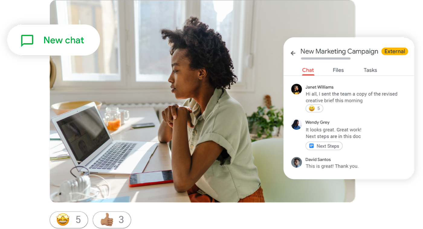 Immagine di lifestyle che mostra il lancio di una campagna di marketing su Google Chat con delle reazioni tramite emoji 