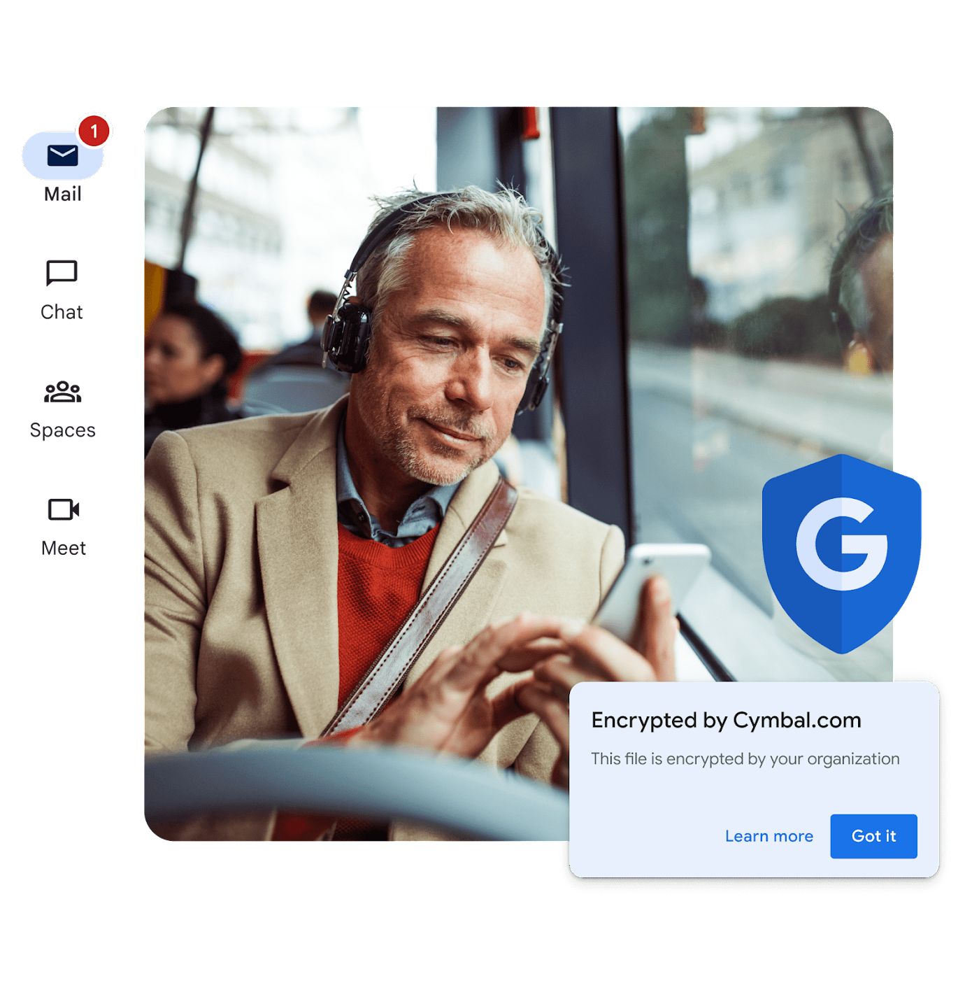 Commuter on a bus looking at the phone. Notification says his email is encrypted by his organization.