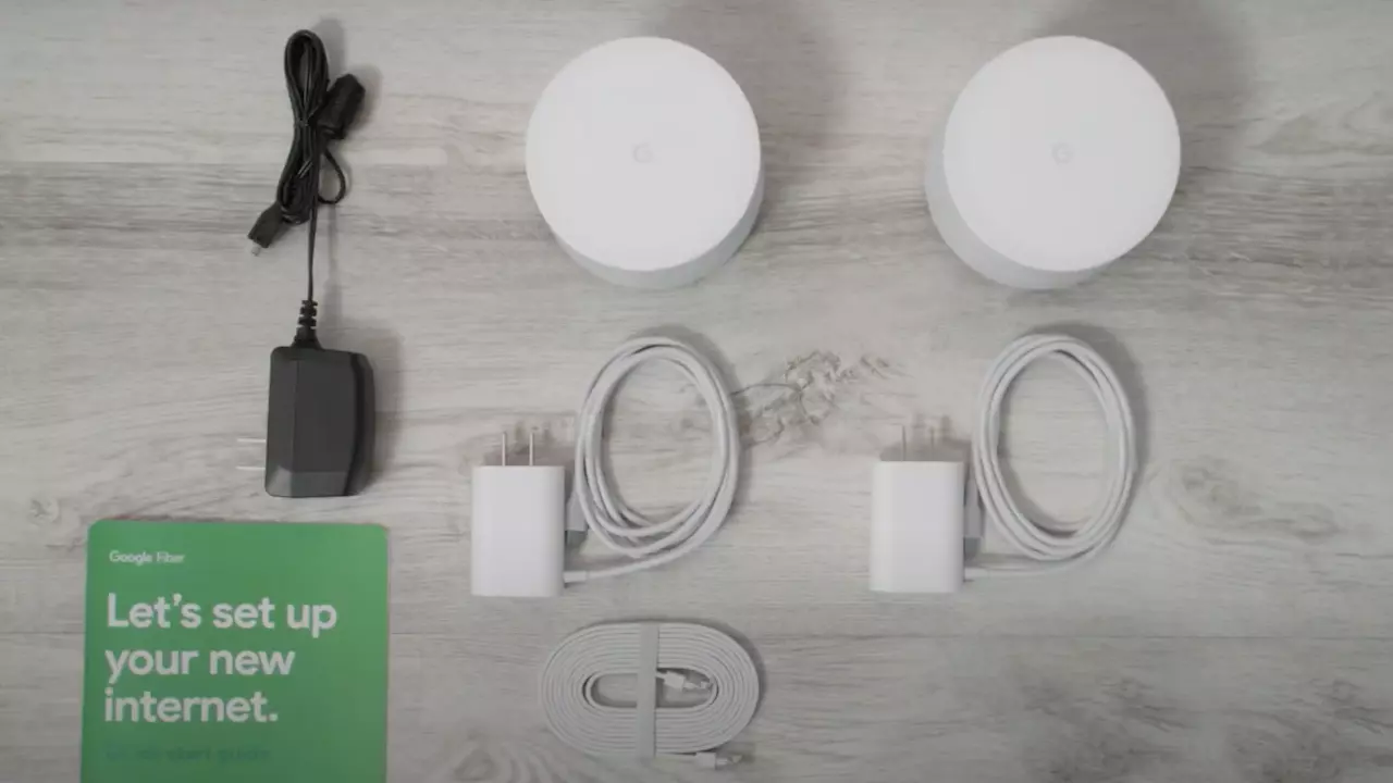 A YouTube video thumbnail with Google WIFI routers, power adapter visuals, and text 'let's set up your internet.