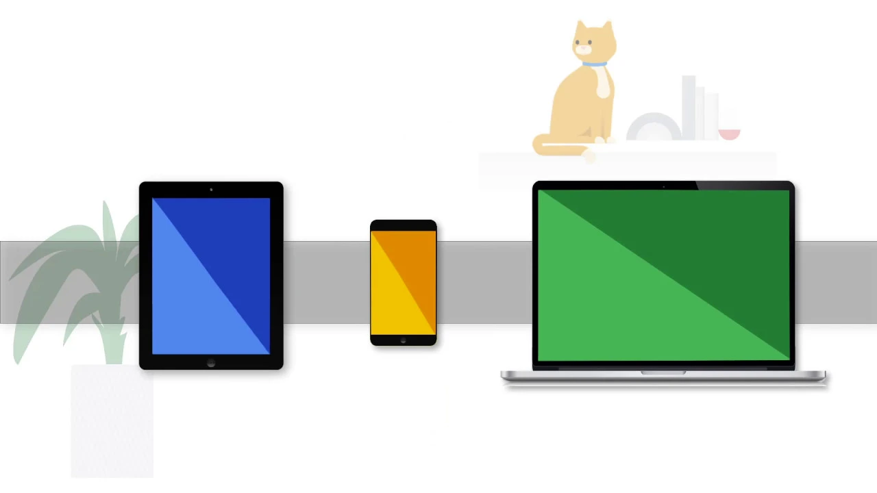 A YouTube video thumbnail with an illustration of a tablet, phone, cat, plant, and laptop.