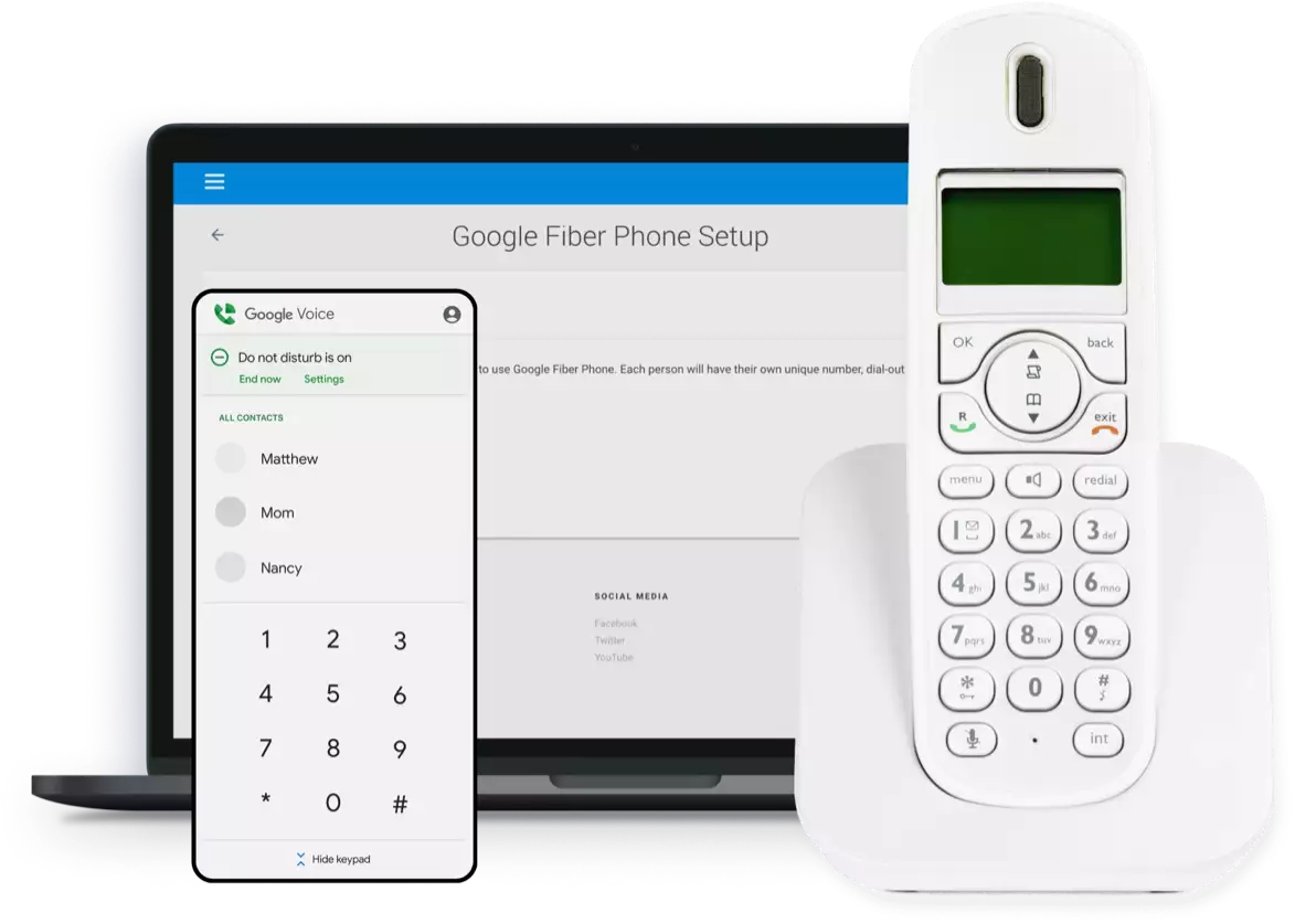 A setup page displayed on a cell phone, laptop, and cordless phone, illustrating the Google Fiber Phone setup process
