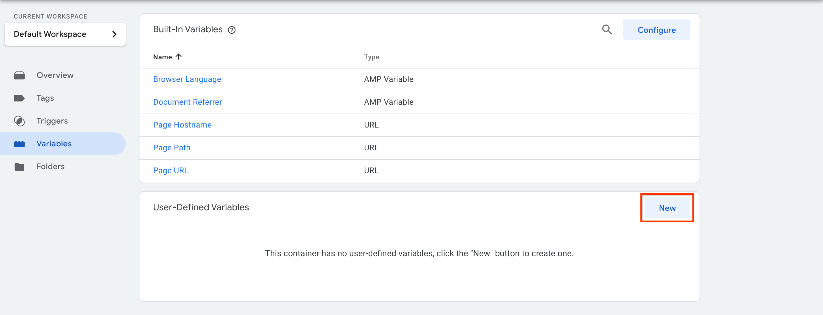 A screenshot of the New button highlighted in the "User-Defined Variables" section on the Variables page