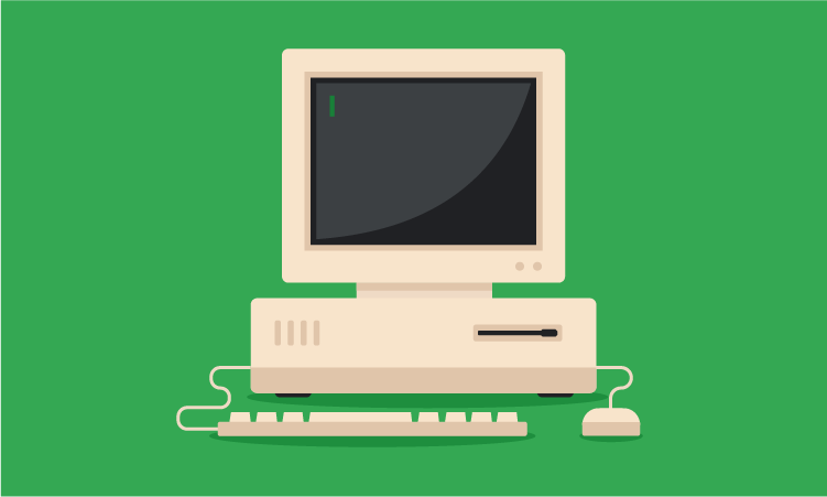 An illustration of a 90s-era beige computer, with a green terminal cursor on the screen. The computer has a mouse and keyboard.