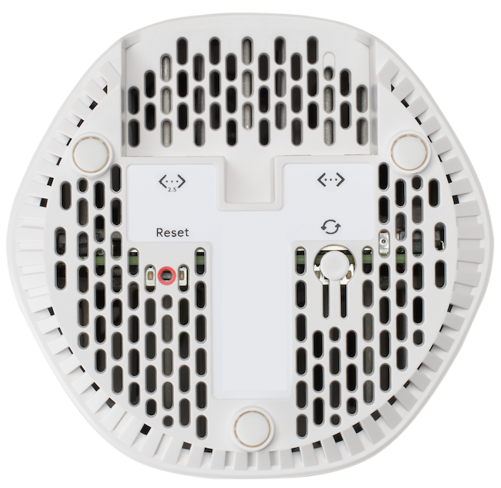 The underside of the GFiber Wi-Fi 6E Mesh Extender (GE6E220C). The Reset button is a small red circle in the lower-left quadrant.