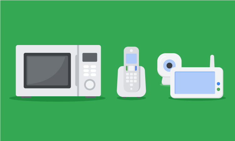 An illustration of three devices that might interfere with a Wi-Fi signal: a microwave, a cordless phone, and a baby monitor.