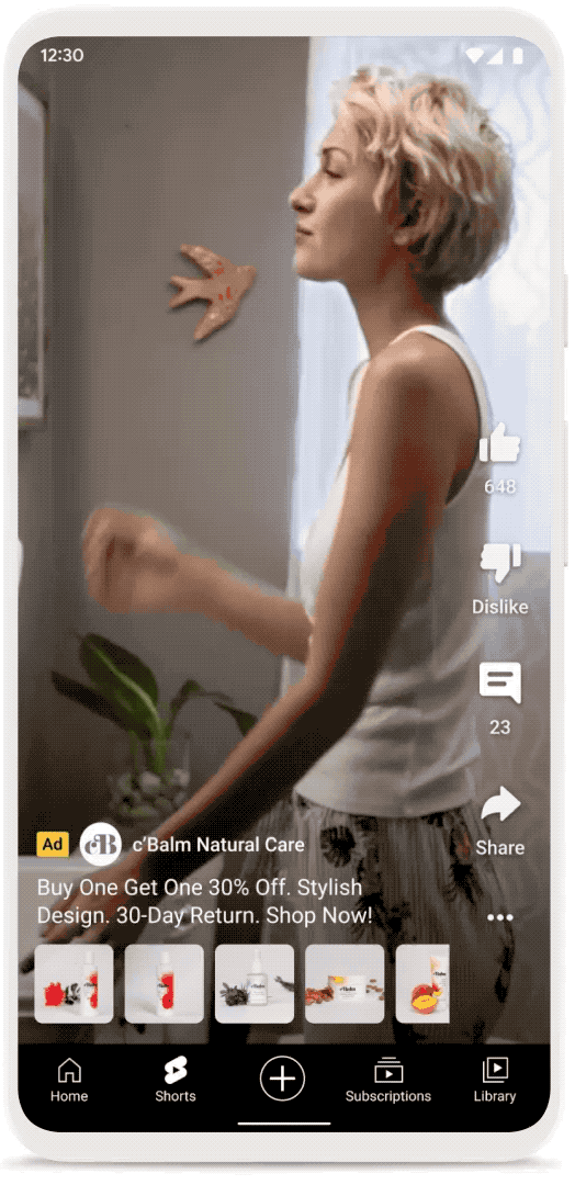 GIF demonstrating an ad for c’Balm Natural Care in YouTube Shorts, including a person smelling different products.