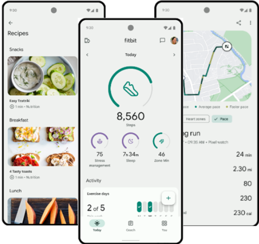 Three screenshots of Fitbit app showing maps, steps, and recipes