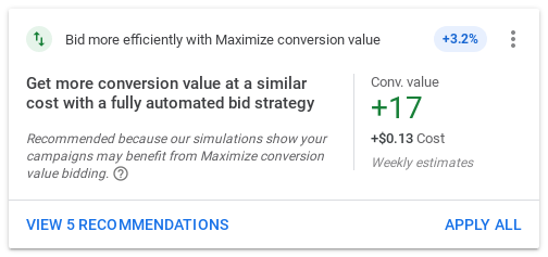 Screenshot of example recommendation to use Maximize conversion value bidding