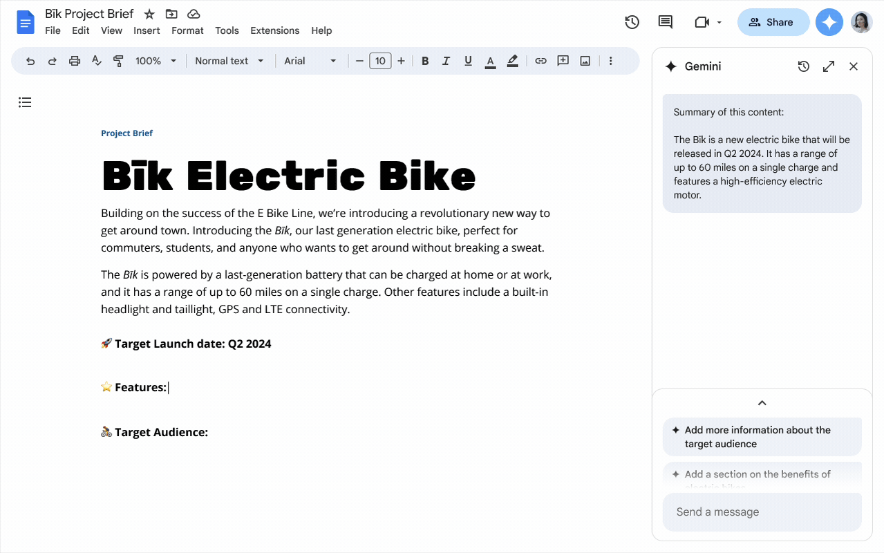 An animation that shows the user asking the Gemini in Docs side panel to summarize a project brief about an electric bike