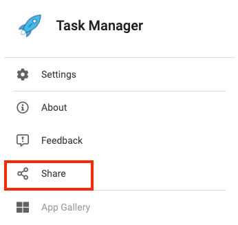 Share link in app menu to share link to app with other users