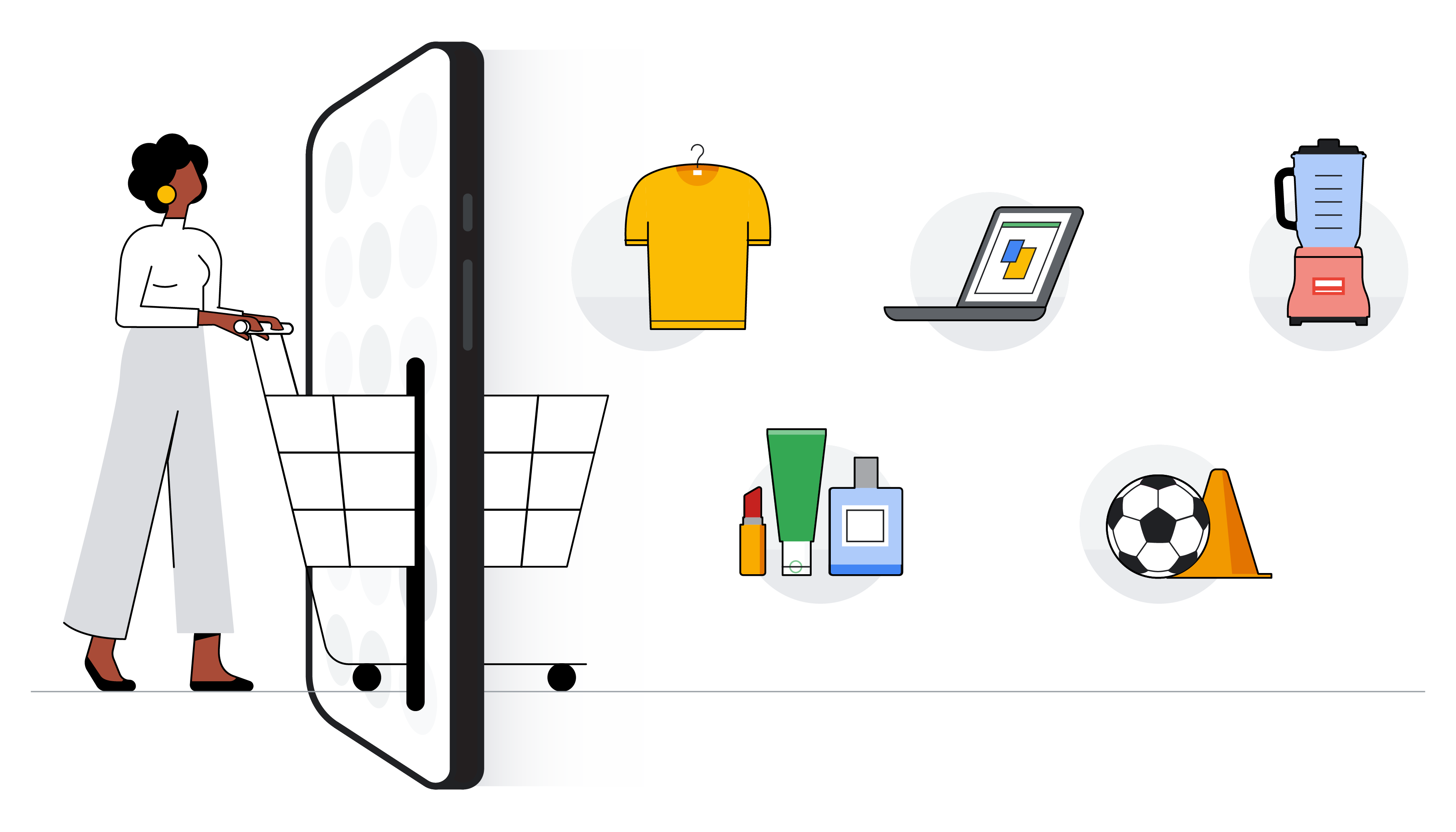 Illustration of a woman pushing a shopping cart through a phone. On the other side of the phone are various retail items.
