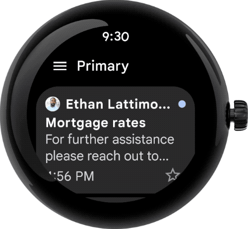 An animation showing how to browse Gmail on your Wear OS watch