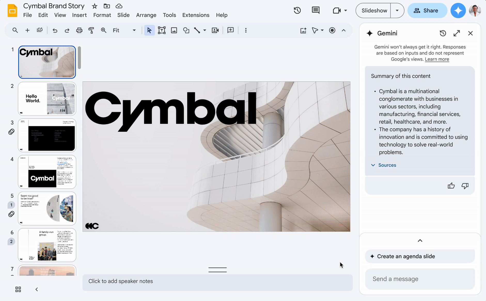 An animation showing a user asking Gemini in Slides to create a slide about Cymbal History