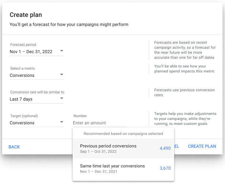 Screenshot of the menu to create a plan in the Google Ads UI