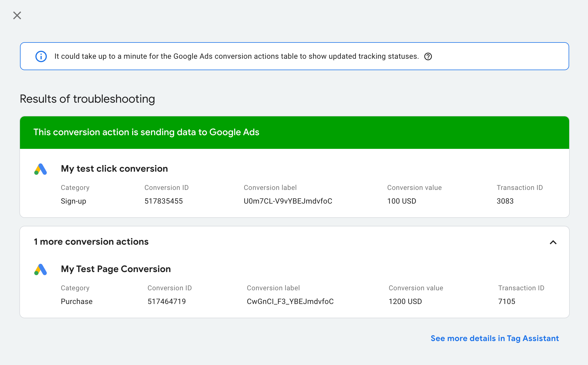 Screenshot of the tag assistant showing "Results of troubleshooting: This conversion action is sending data to Google Ads"