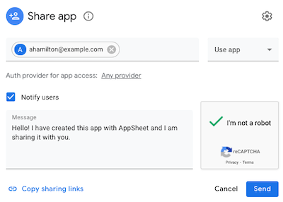 Share app dialog with individual user specified to use app, Notify users is enabled, and I'm not a robot is checked.