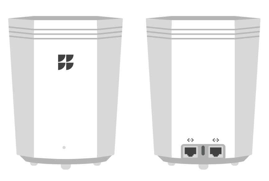 A drawing of the front and back of the GFiber Wi-Fi 6E Mesh Extender (model GE6E220C).
