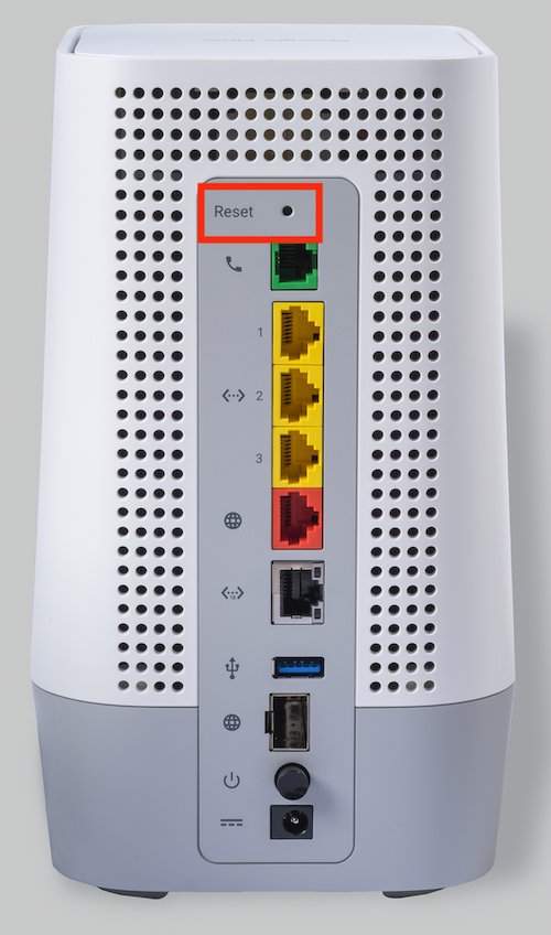 The back of the Google Fiber Multi-Gig Router (GFRG300). The Reset button is near the top, circled in red.