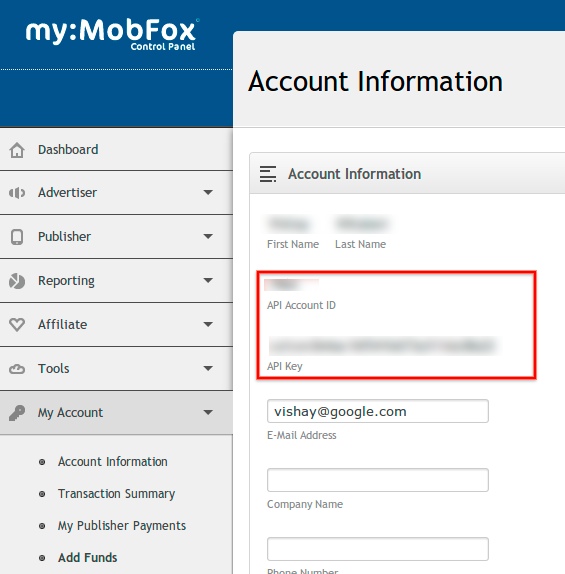 Example of the Mobfox account information screen.