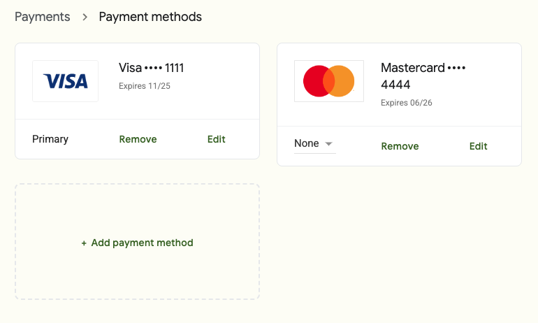 The Payment methods page within the GFiber customer portal. This example customer has two payment methods: one Visa and one Mastercard. There's a button at the bottom of the page to add a new payment method.