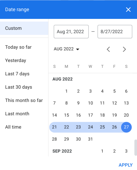 The ad mob interface showing a date picker in reports.