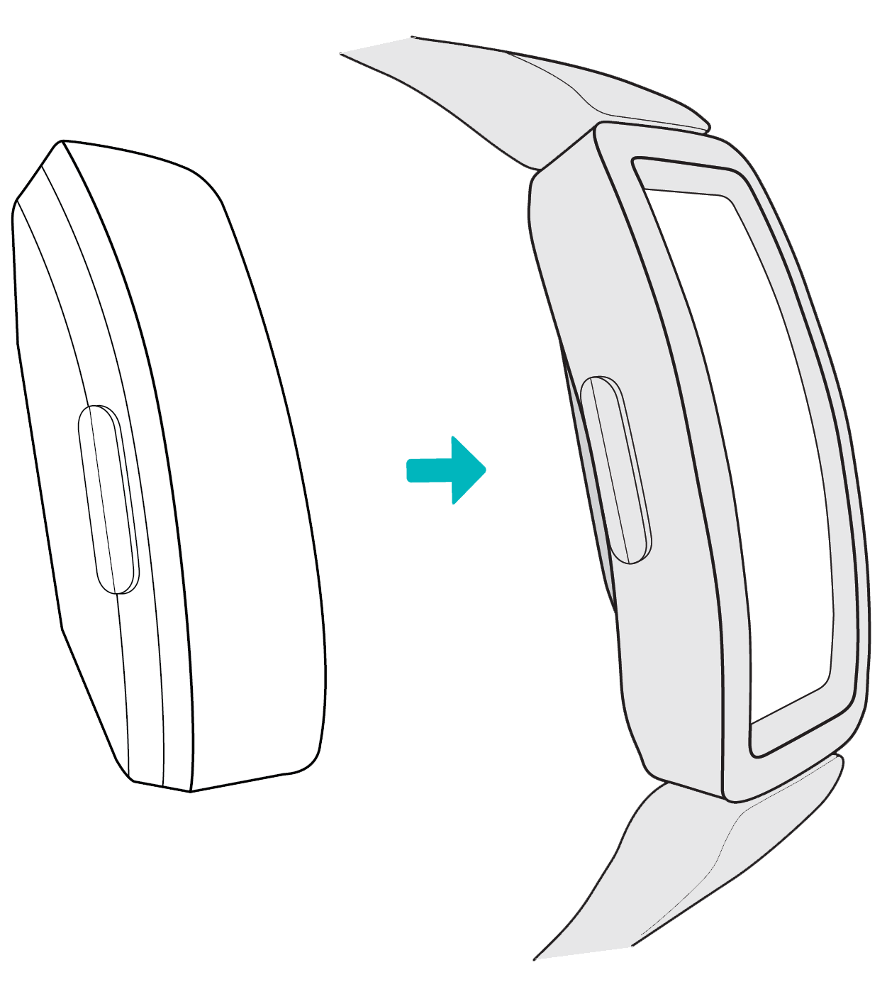 Detached tracker pebble with an arrow showing how to insert it into the band