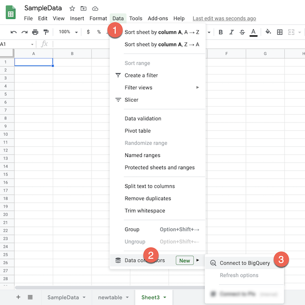 Image showing how to connect to BigQuery in a spreadsheet