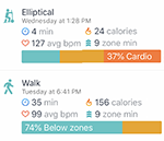Two exercise summaries in the Fitbit app - an elliptical workout and a walk