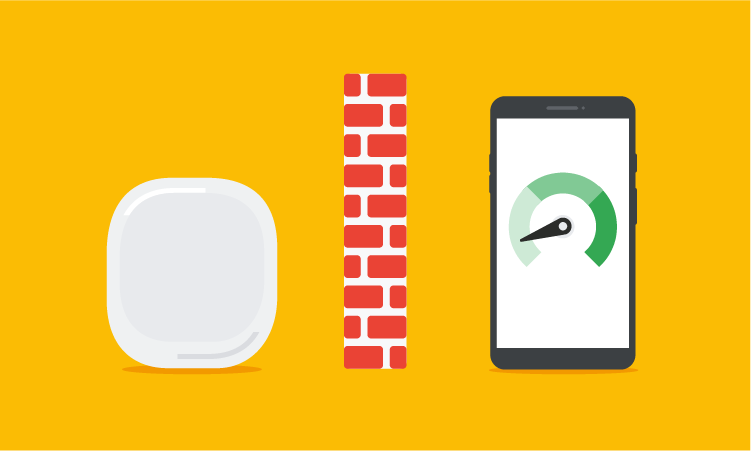 An illustration showing a brick wall separating a Nest Wifi Pro router from a smartphone