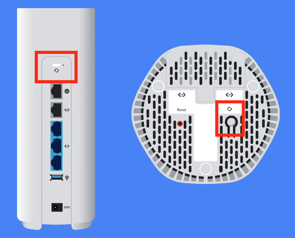 A drawing of the back of the GFiber Wi-Fi 6E Router (model GR6EXX0C), and the base of the GFiber Wi-Fi 6E Mesh Extender (model GR6E220C). The WPS button on both devices is circled in red.
