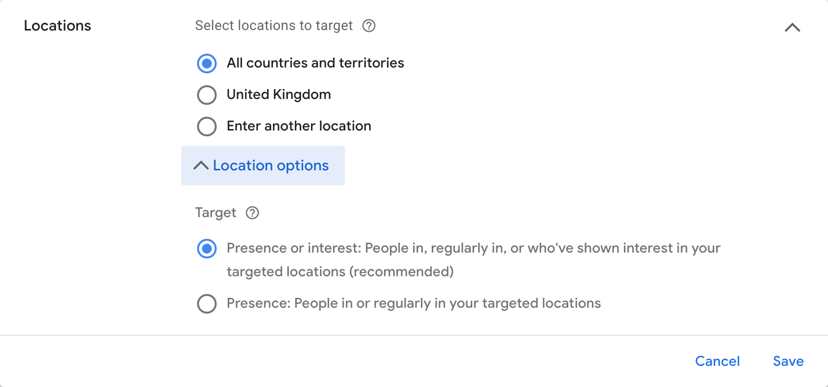 Location targeting options page