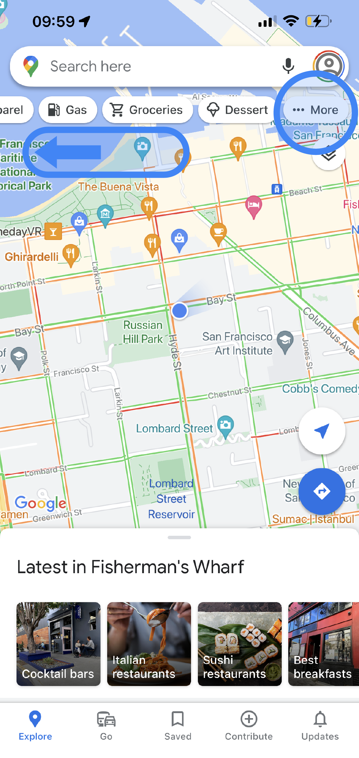 The Google Maps app displays a map of an area. There are tabs under the search bar, which have been scrolled over to the far right. The  last tab on the right, which is circled in blue, says "More." 