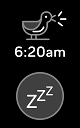 Screenshot of an alarm set for 6:20 am with art of a bird making noise and a snooze button below