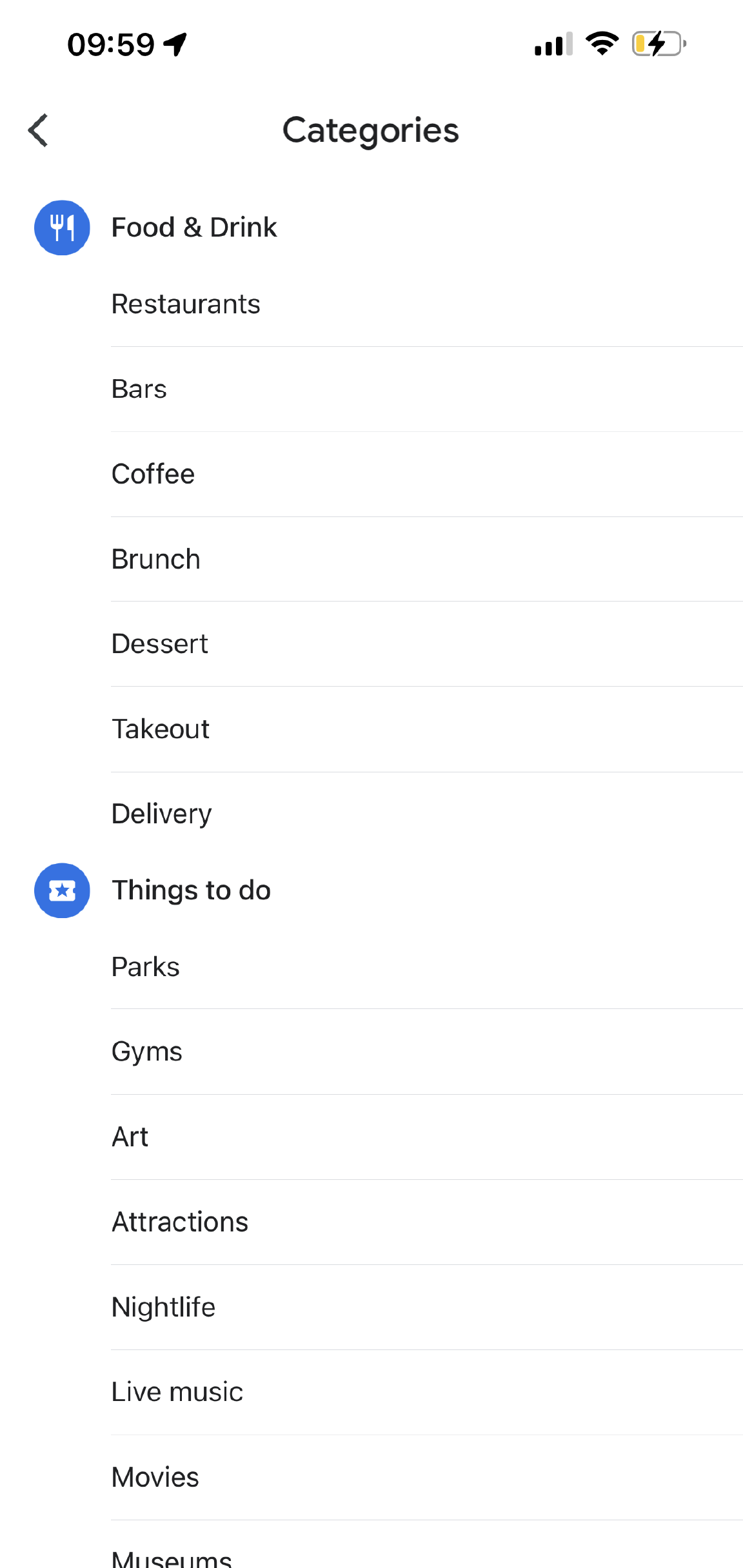 The Google Maps app displays a page title "More Categories. It shows categories such as Food & Drink, Things to do, and Shopping, with subcategories to select under each category.