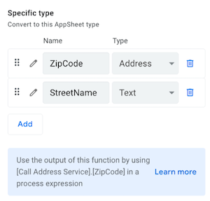 Specific type fields called ZipCode and StreetName that are mapped to Address and Text data types, respectively