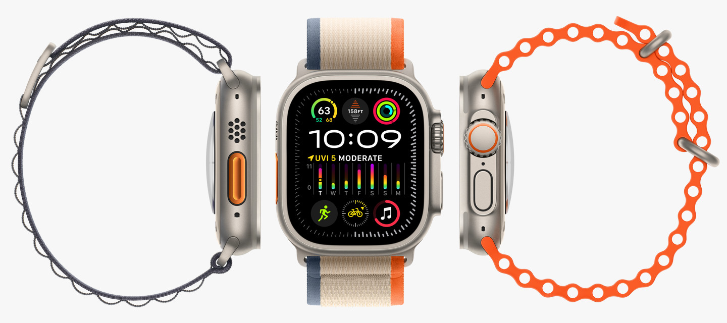 Trzy zegarki Apple Watch Ultra prezentujące różne style pasków.