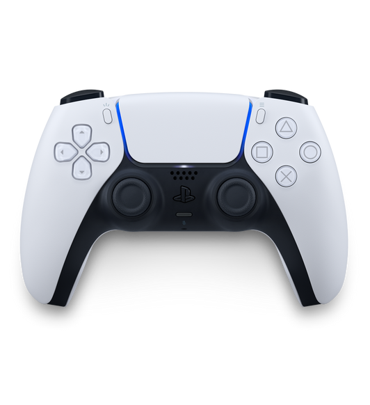 Přední strana bezdrátového ovladače Sony PlayStation DualSense s intuitivními dotykovými a pohybovými ovládacími prvky.