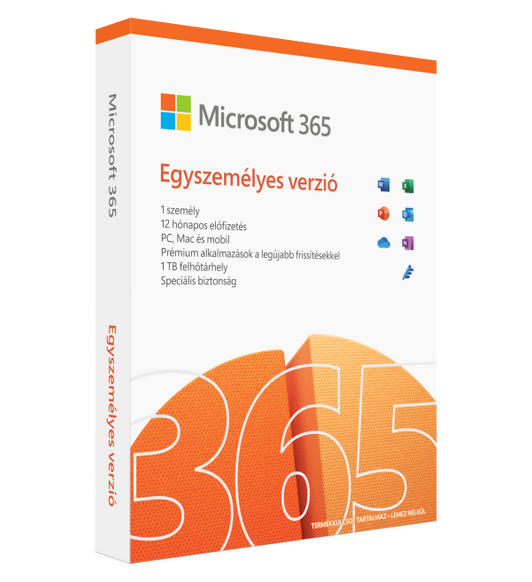 A Microsoft 365 Egyszemélyes verzió egy prémium Office-alkalmazásokat és e-mail-szolgáltatást tartalmazó, egy főre szóló egyéves előfizetés.