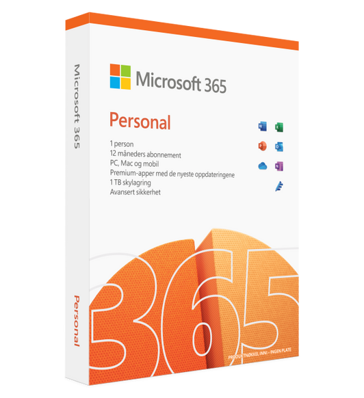 Microsoft 356 Personal er et ettårig abonnement som inkluderer premium Office-apper og e-post for én person.