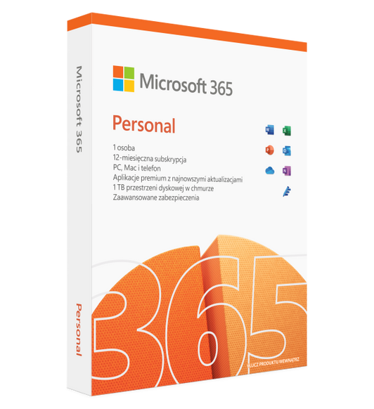 Produkt Microsoft 365 Personal to roczna subskrypcja aplikacji pakietu Office i poczty elektronicznej w wersji premium przeznaczona dla jednej osoby.