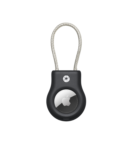 Musta Belkin Secure Holder ‑pidike kaapelilla, AirTag paikallaan ja Applen logo näkyvissä.
