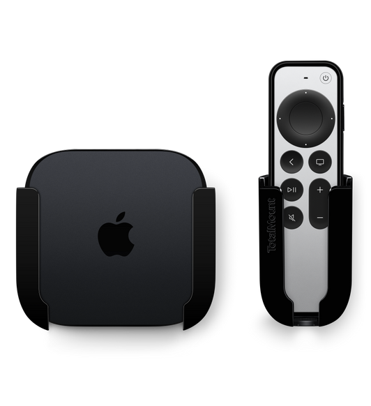 Innovelis TotalMount Pro-monteringssystemet til vægophængte TV’er med Apple TV og Apple Remote i deres holdere.