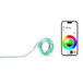 Der Nanoleaf Leuchtstreifen, in Hellblau leuchtend, neben der zugehörigen iOS App mit einstellbarer Beleuchtungssteuerung.