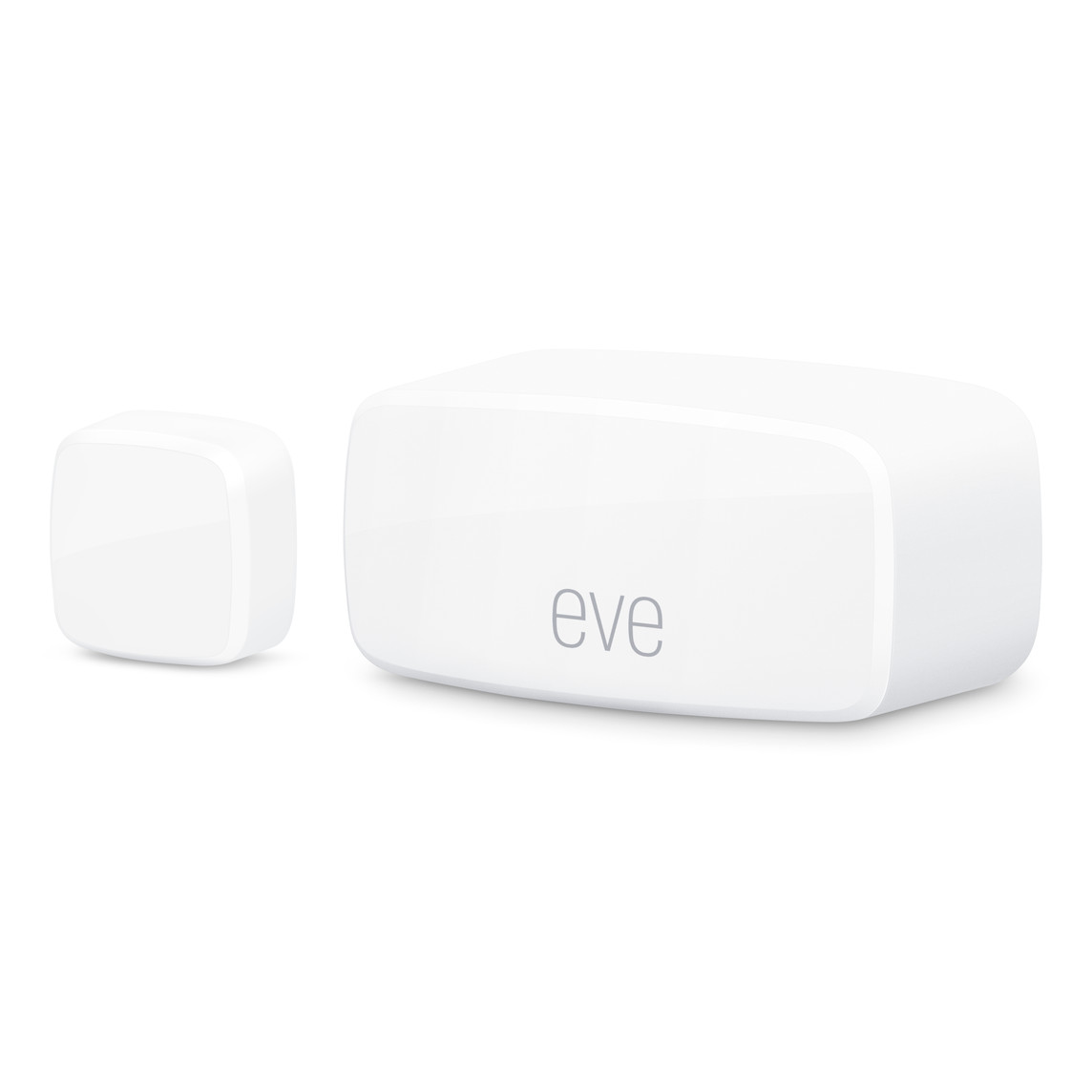 Les capteurs de contact Eve pour portes et fenêtres, compacts, sans fil et compatibles avec Matter, sont présentés ici avec le logo eve bien en évidence.