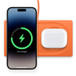 Het draadloze Belkin Boost Charge Pro 2-in-1 oplaadstation met een iPhone en een AirPods-case die worden opgeladen en een ledlampje aan de onderkant van de Qi-oplaadring.