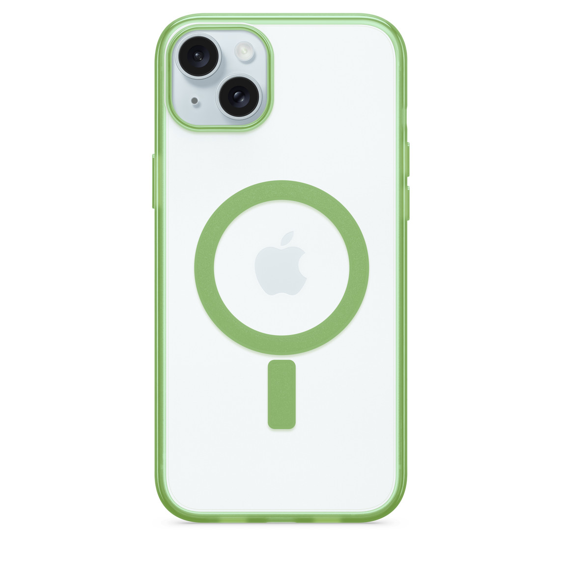 La protection Otterbox Lumen Series est une coque transparente pour iPhone, avec un anneau MagSafe Apple en couleur assorti aux contours, fixée sur un iPhone 15 Plus.
