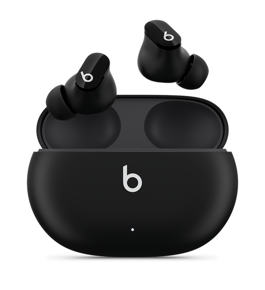 De echt draadloze Beats Studio Buds-oortjes met ruisonderdrukking in zwart met Beats-logo, boven de handige oplaadcase.
