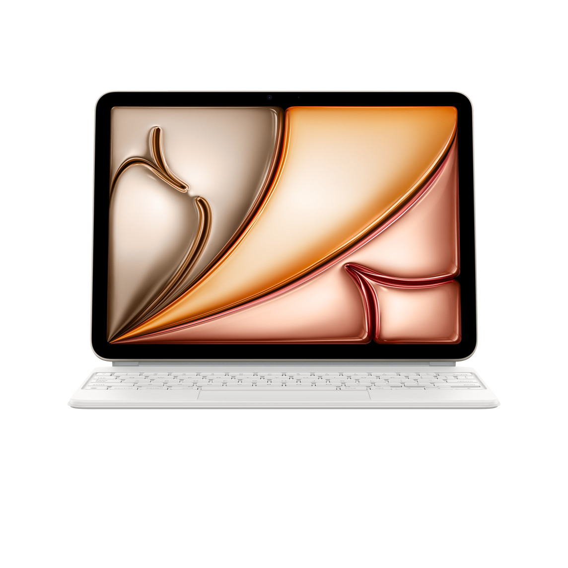 Magic Keyboard voor 11‑inch iPad Pro (3e generatie) en iPad Air (5e generatie) in de kleur wit, die aan een iPad zit.